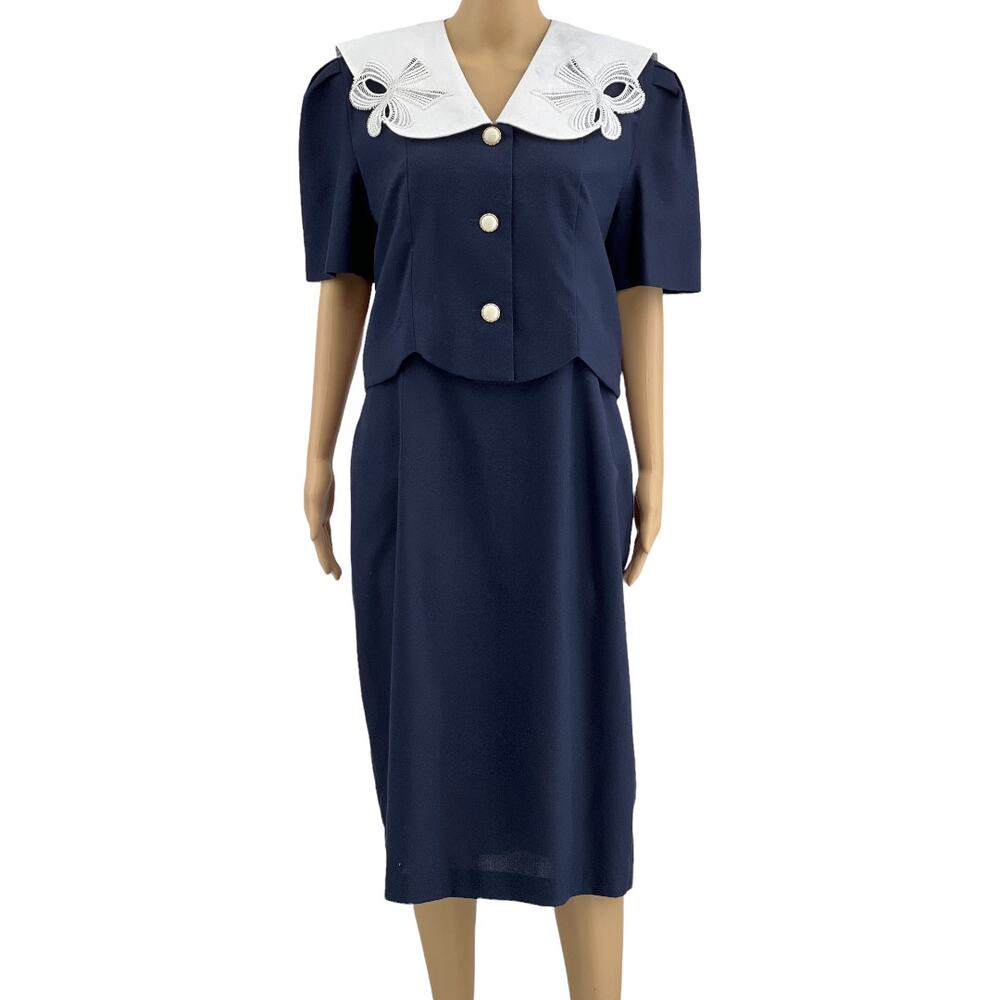 Vtg 90s Sunshine Starshine Navy Blue Sheath Dress Scalloped Collar Bow Size 14